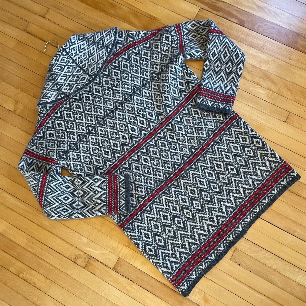 ASPEN Fair Isle Nordic Scandi Duster Sweater Cardigan Shawl Collar Pockets - Picture 7 of 11